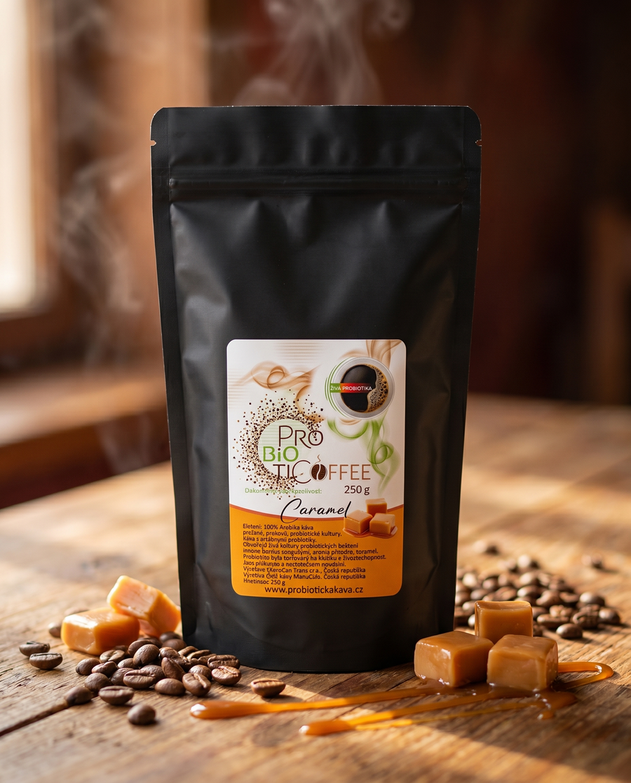 Probiotická káva Karamel 250 g — černý sáček s karamelovými kostkami a kávovými zrny